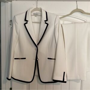 Beautiful White Pants Suit with Navy Trim.